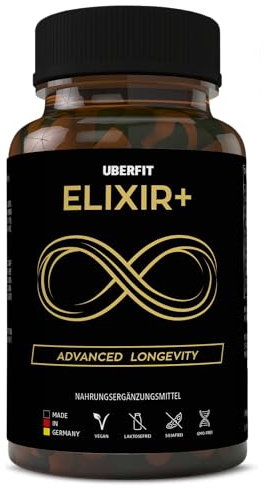 UberFit® ELIXIR+ Longevity Zell-Komplex – Resveratrol 490mg, Spermidin 5mg, NADH, Omega-3 & Q10 – Vitamin E für Zellschutz, Vitamin D3 für Zellteilung – 90 vegane Kapseln, Made in Germany