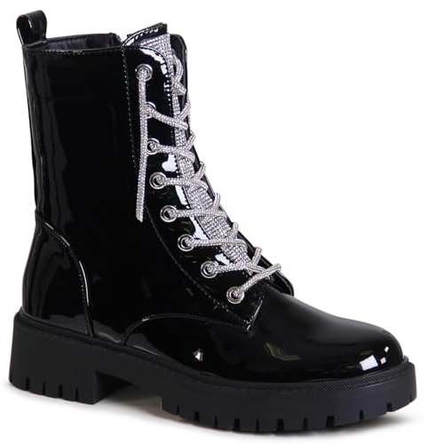 topschuhe24 2959 Damen Plateau Stiefeletten Glitzer Boots, Farbe:Schwarz Lack, Größe:37 EU