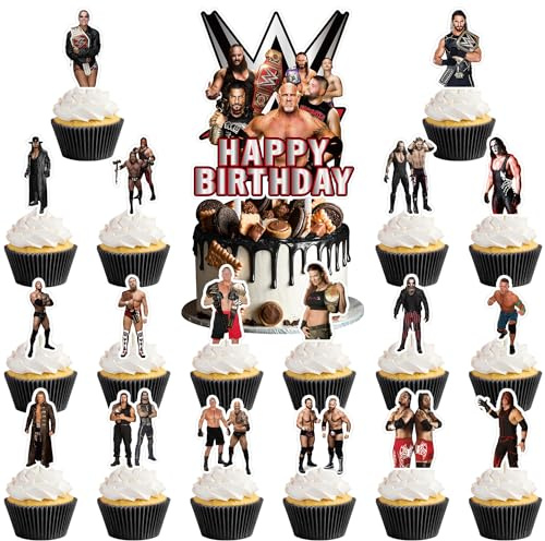 37pcs Wrestling cake decoration set include 1pc big cake topper 36pcs cupcake toppers for Wrestling Theme birthday party decor (WWE)