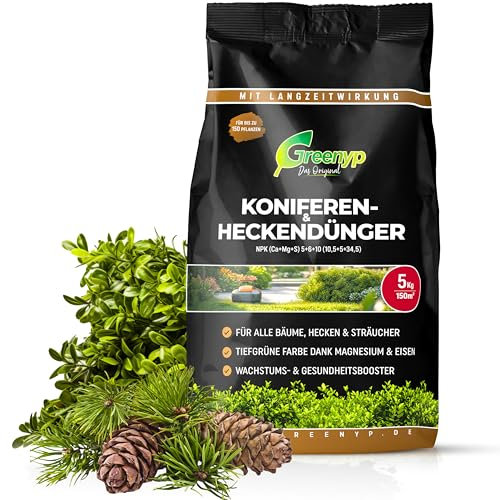 Greenyp Universal Heckendünger I 5kg für 150m² I für alle Bäume, Sträucher & Hecken I Koniferen Langzeitdünger mit Extra Eisen + Magnesium und 3 Monate Düngekraft I Schnelles Wachstum Neuanpflanzungen
