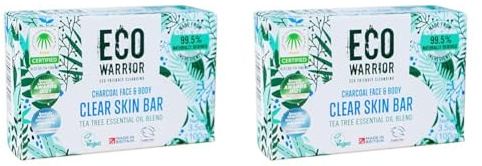 Eco Warrior Charcoal Clear Skin Soap Bar - Vegan, Cruelty Free, No SLS or Parabens, Whole Body Soap, Moisturising Charcoal, Grapeseed and Anti Bacterial Tea Tree Essential Oil, Eco Friendly Soap 100g