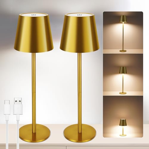VARICART Cordless Table Lamp 2 Pack, 5000mAh Battery Operated Table Lamps IP54 Waterproof with 3 Color Modes USB-C Rechargeable Night Light, Touch Control Lamp for Bedroom Indoor Outdoor(Gold)