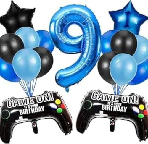 HCRXVV Gamer dekoration 9. Födelsedag pojke, 9 år videospel födelsedagsdekoration, blå ballongset med svart spelkontroll ballonger för 9:e gamer barn födelsedagsdekoration festtillbehör