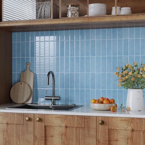 VaryPaper Blue Brick Effect 3D Tile Sticker 30.5cmx30.5cm 10 Pieces Peel and Stick Backsplash for Kitchen Stick on Bathroom Tiles Waterproof Self Adhesive Wall Tiles Toilet Fireplace Surround