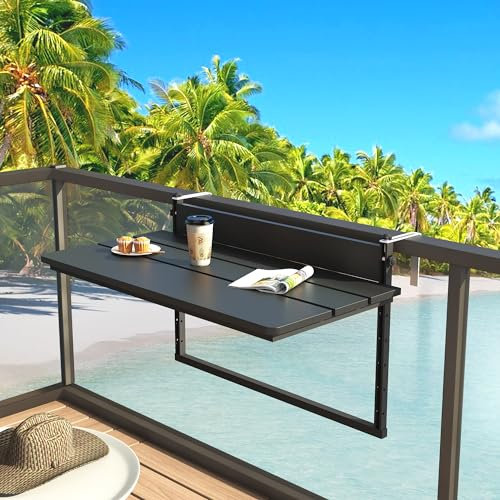 Sundale Outdoor 32 Large Folding Balcony Table for Railing, Patio HDPE Bar Adjustable Hanging Mounted Table for Baluster Garden Deck, Black