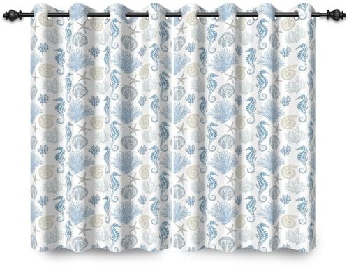 ggaimwf 107x160cm Tenda con occhielli stile nautico Oceano Cavalluccio marino Corallo Spiaggia Fauna marina Oscurante Tende per finestre Camera da letto per bambini Soggiorno,2 pannello
