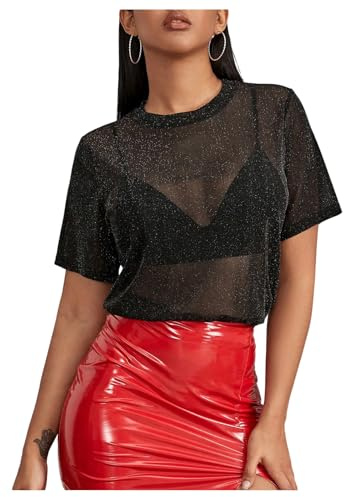 GORGLITTER Women's Sheer Mesh Glitter Rave Tops Short Sleeve Crewneck T Shirts Party Festival Outfits Black S