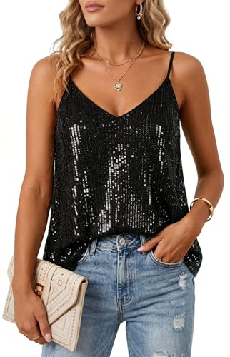 Townshine Camiseta de lentejuelas para mujer, sin mangas, cuello en V, con purpurina, camisola, fiesta, club, discoteca, noche