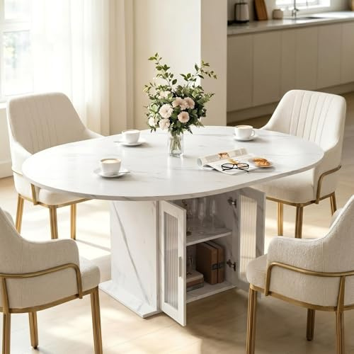 Tavolo da pranzo allungabile ovale, 100/140 x 100 x 77 cm, tavolo da cucina per 4-6 persone, con vano contenitore e vano refrigerato, moderno tavolo da pranzo allungabile, tavolo da soggiorno con