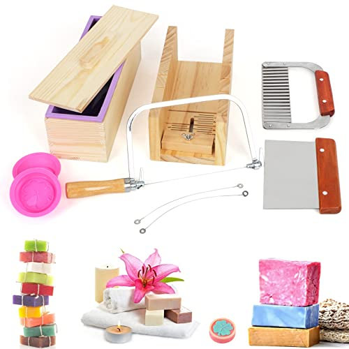 UHAPEER DIY Seifen Silikonform Set 9 Stück, Praktische Verstellbar Holz Seifenschneider Kit, Seifenherstellung Handgefertigt Seife Werkzeug, Soap Making Kit mit Holzkasten, Silikon Seife Form