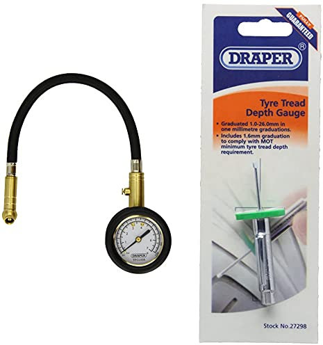 Draper 69924 Tyre Pressure Gauge with Flexible Hose & 27298 Tyre Tread Depth Gauge, 1mm-26mm