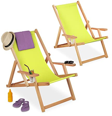 Relaxdays Chaise Longue Bois, Lot de 2,3 Positions, Max. 100 kg, accoudoirs, Porte-Boissons, hêtre, transat Soleil, Vert