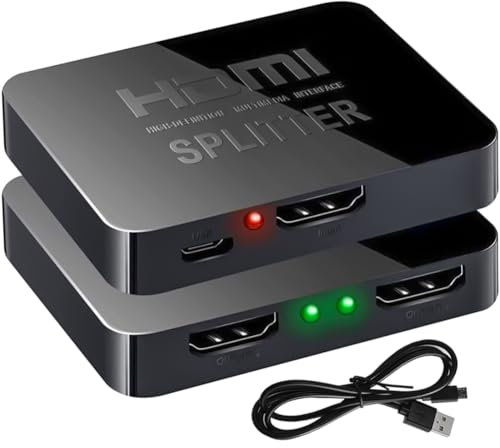 HDMI 1 in 2 Out Splitter, 1080P Full HD 3D 4K HDMI Splitter mit Micro USB Stromkabel für zwei Monitore Unterstützt MacBook, Xbox, PS4, PS3, Blu-Ray Player, DVD, HDTV