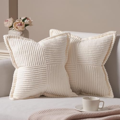 Topfinel 45x45 Kissenbezug Creme weiß 2er Set Kordsamt Winter Herbst Kissenbezüge Kissenhülle Dekorative Kissenbezug Sofakissen Couchkissen für Sofa Wohnzimmer