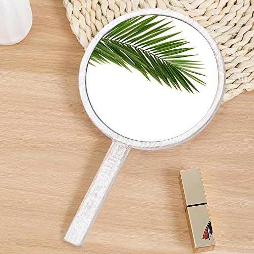 JJUUYOU Espejo de mano, espejo de mano de 16 x 32 cm, espejo de madera blanco con asa, espejo redondo de mano pequeño