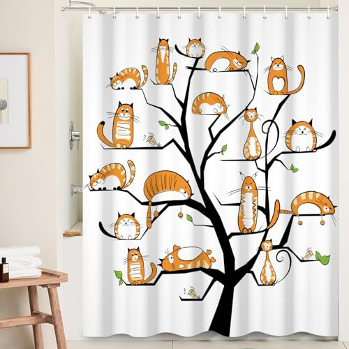 Ttincceer Katt-träd duschdraperi set 152 x 183 cm orange söt kattunge duschdraperi akvarell roligt djur husdjur katt badrumsgardiner tvättbar badkar gardin för badrumsdekor