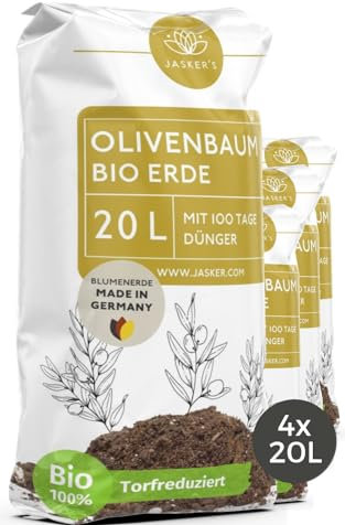 Olivenbaum Erde 80 L (4x20L) mit Dünger - Mediterrane Pflanzenerde - Aus 100% natürlichen Rohstoffen für kräftige Oliven - Erde für Olivenbäume Pflanzen - Erde Olivenbaum - Olivenbaum-Erde