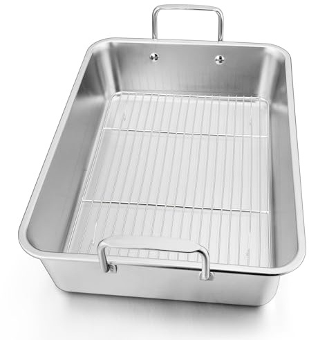 14 Inch Roasting Pan with Rack, Leonyo Large Turkey Roasting Pan, Stainless Steel Roaster Pan with Wire Rack Non Stick Baking Pans for Cooking Ham, Chicken, Cake, Lasagna, Casserole
