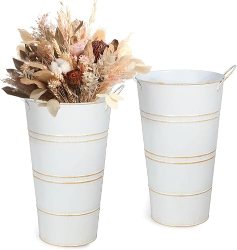 12 Inch Galvanized Metal Vases for Flowers - 2 Pcs Farmhouse Decorative Tall Flower Bucket with Handles, Rustic French Tin Planter Buckets for Wedding Decor (White)