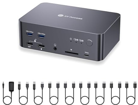 (Desktop only) AV Access KVM Switch 3 Monitors 2 Computers 8K@60Hz, with 6 DP Cables, DisplayPort 2.0, 1G Ethernet, USB 3.0, Docking Station Triple Monitor, 4K@165/144Hz, 2K@144Hz