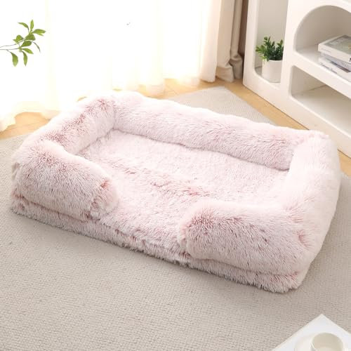 ZHULONGRUSHUI Panier pour Chien Dehoussable et Lavable,Lit pour Chat Orthopedique,Couverture de Protection pour Canapé,Bords Rehaussés,Coussin Chien Anti Stress Doux et Moelleux (105X65X20cm,Rose)