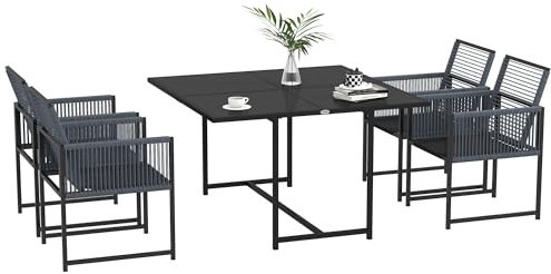 Outsunny 5 Pieces Garden Dining Set, Outdoor Patio Cube Set, 4 Seater Outdoor Table and Chairs with Foldable Backrest, Tempered Glass Top, Handwoven Rope for Poolside, Space-Saving, Dark Grey