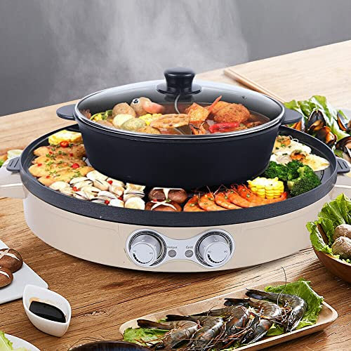 Fliuyr Barbacoa eléctrica multifunción 2200 W, 2 en 1, 220 V, olla caliente con parrilla, olla eléctrica sin humo para uso en hogares, restaurantes