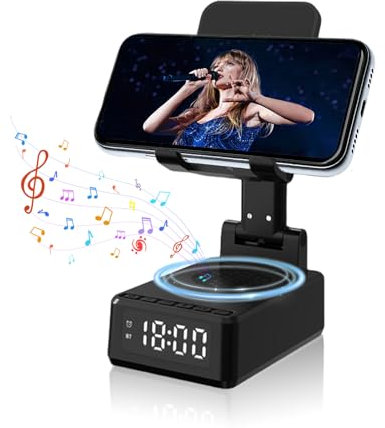 flintronic Wecker Digital, Bluetooth Lautsprecher mit Handyständer, Typ-C-Schnittstelle, Wireless Charger Handy Ständer mit Wireless Charger 15W, Musikbox & Induktive Ladestation für Frauen Männer