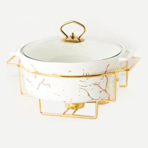 Keramik Chafing Disk Buffet Set Matvärmare for fester Bufféer, Matvärmebricka Rund Chafing Disk Bufféset, Keramisk Marmor Finish Chafer med glaslock, Vit(White)