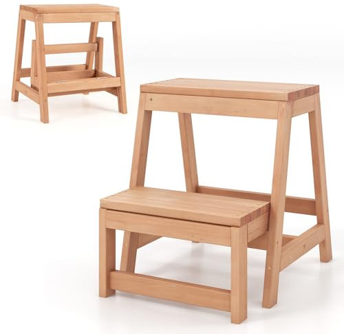 COSTWAY Escabeau 2 Marches Pliable, Marche Pied Bois 3 en 1, Tabouret Enfants et Adultes, Bois de Sapin Naturel, Structure en H, Jardiniere Balcon, Charge 250 kg, 50 × 39 × 45 cm, Naturel