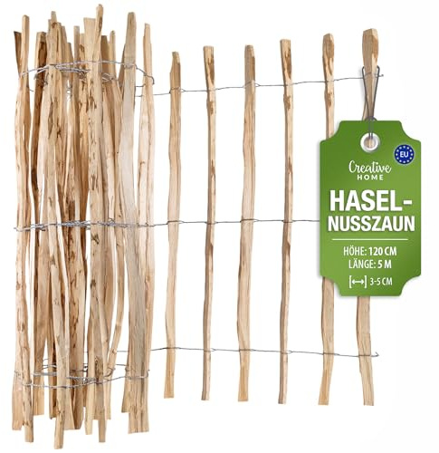 Creative Home trästaket 120cm högt och 5 m långt | hasselnötsstaket | rullstaket | lamellavstånd 3-5 cm | trädgårdsstaket Perfekt som gräsmatta kantning blomsterbädd kantning gjord av hasselnöt