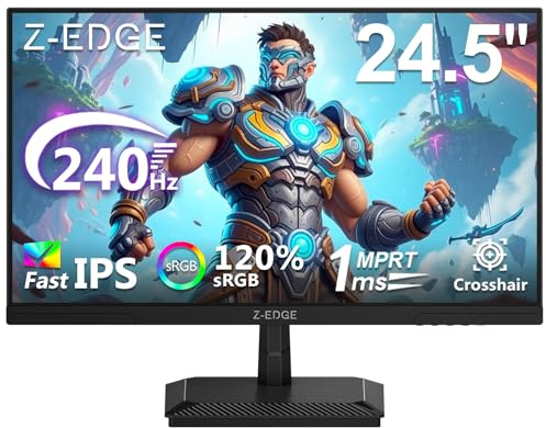 Z-Edge 24.5 Inch 240Hz Gaming Monitor IPS Panel 1ms MPRT Full HD 1080P, 350cd/m² Brightness, 100% sRGB, 16:9 LED Monitor, FreeSync, Crosshair, HDMI & DisplayPort, VESA Mountable - Black