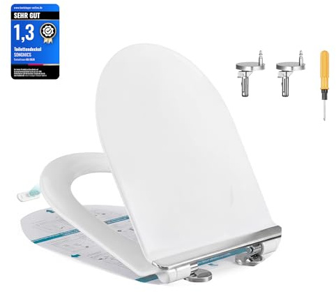SONGMICS Sedile WC a Forma di D Corto, Copriwater a Chiusura Rallentata, Sgancio Rapido, Asse WC Universale Facile da Montare, Sedile Water in Urea-duroplast, Regge 300 kg, Bianco BTL104WZ01