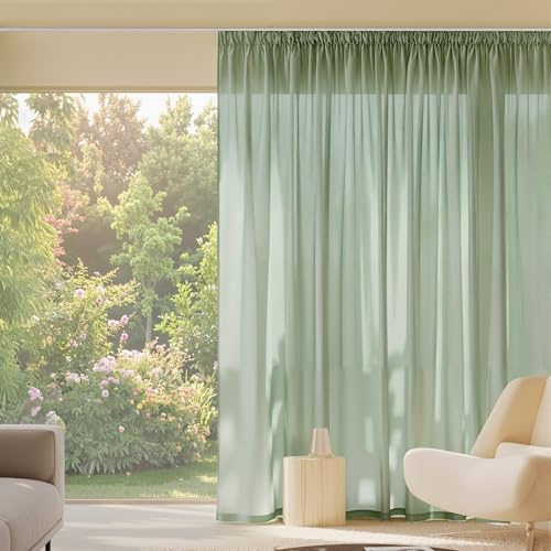 PONY DANCE Cortinas Verde 3 Metros con Ganchos para Rieles, Cortinas Semi Opacas Visillos Translucidas para Salon/Dormitorio 1 Panel,300x245cm