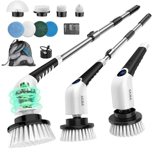 YKYI Electric Spin Scrubber-Cordless Power Scrubber with 8 Brush Heads, 3 Speeds & Adjustable Long Handle, IPX7 Waterproof Shower Cleaning Brush for Bathroom Tile, Bathtub, Grout, Kitchen(Matte White)