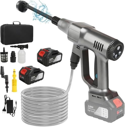 Rondella ad alta pressione senza fili, 21 V Max 200 Bar Pulitore ad alta pressione sulla batteria 6,0 Ah, Press & Clean Pistola di lavaggio con schermo LCD di potenza e 3 velocità (argento)
