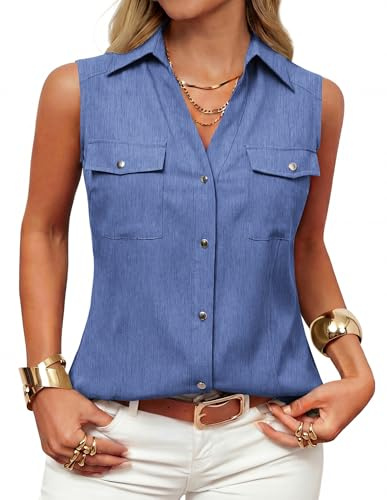 GRACE KARIN Women's Button-Down Sleeveless Shirt Tops Lapel Collar V Neck Casual Blouses Summer Office Work Top Denim Blue XXL