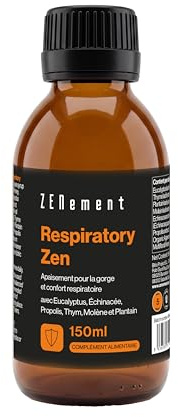 Respiratory Zen – Sirop Voies Respiratoires – Eucalyptus, Échinacea, Propolis, Thym, Plantain et Bouillon-Blanc – Miel Multifloral et Sirop d'Agave, sans Sucre Ajouté – 150 ml – Zenement