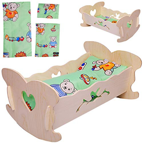 alles-meine.de GmbH Set: kleine - Puppenwiege aus Holz - mit Bettzeug - 36 cm lang - Wiegenset - Holzwiege Naturholz - Herz - Bett - Puppen klein - Matratze Decke & Kopfkissen - ..