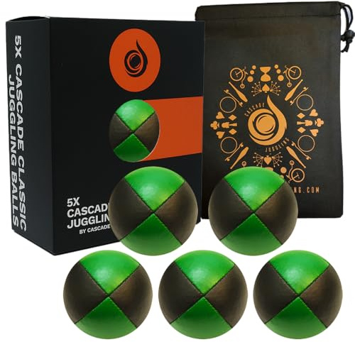 5 x Pro 115g Cascade Classic Black Theme Juggling Balls - Thud Juggling Balls & Bag - Set of 5 Juggling Balls (Green and Black)