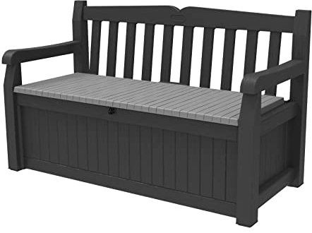 Keter Solana 70 Gallon Storage Bench Deck Box for Patio Storage, Front Porch Decor and Outdoor Seating – Perfect to Store Garden Tools and Pool Floats, Graphite