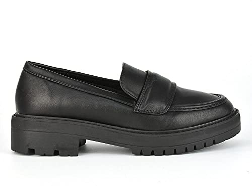 Womens Black Loafers Ladies Synthetic Leather Slip On Shoes Casual Chunky Sole Size 3-8