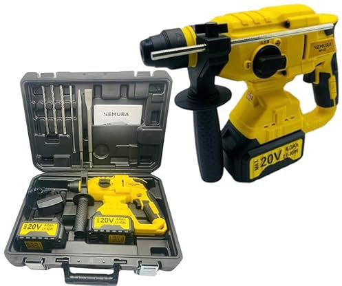 Nemura - Martillo perforador eléctrico inalámbrico de 20 V, 3 en 1, taladrado con martillo y cincelado, con accesorios: 1 maletín + 2 baterías de 6 Ah Li-Ion + 1 cargador, marca francesa