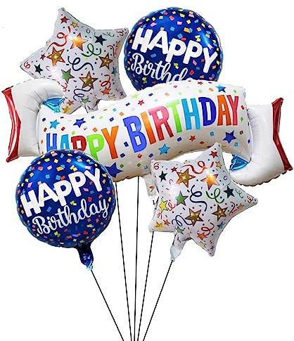 Birthday Decoration Set Colorful Happy Birthday Banner Balloon,Star and Circle Mylar Foil Balloon for Birthday Decorations and Party Supplies 5PCS
