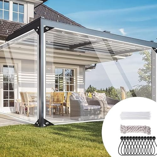 Jianyana Transparent Tarpaulin, 420 g/m² Pvc Clear Tarpaulin Waterproof Heavy Duty Clear Pvc Tarp With Eyelets Gazebo Side Panels Tear With Cable Ties, Elastic Ropes, Ties（1×3m）