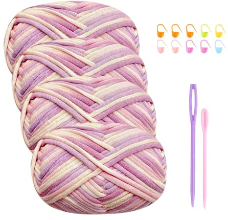 Tjockt garn för virkat bomullsgarn för virkad tjock ull 4 x 50 g virkat garn för nybörjare virkning ull stickgarn med virkade tillbehör rosa garn