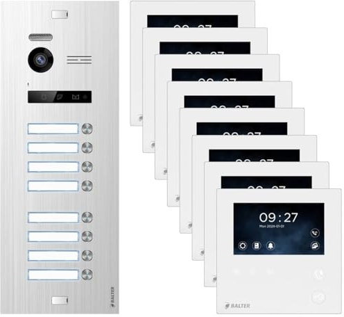 Nonic Balter EVO Silber/Weiß Video Türsprechanlage Set für 8 Familienhaus (1x Türstation, 8X 4.3 Mini Monitor, 2-Draht Bus, 150° Weitwinkel)