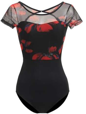 ROYAL SMEELA Maillot de Ballet Manga Corta para Adulto - Body de Danza para Mujer - Bailarina Gimnasia Espalda Impreso