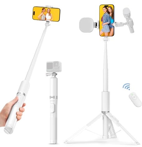 ATUMTEK 179cm Selfie Stick Stativ mit Bluetooth Fernbedienung für iPhone, Android Smartphones, Go pro Action Kameras, Aluminium Handy Stativ mit 2 Cold Shoe Halterungen für Licht und Mikrofon, Weiß