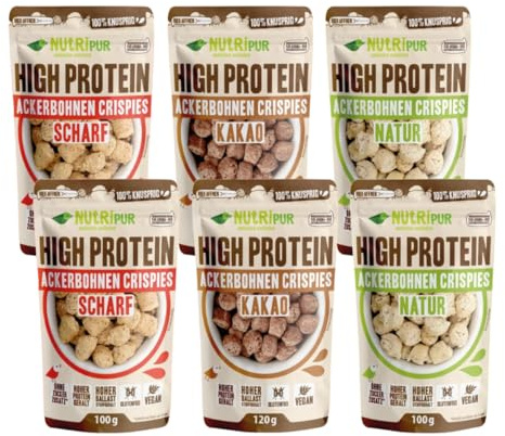NutriPur High Protein Ackerbohnen Crispies 6er Set – 2x Natur, 2x Kakao & 2x Scharf | 29 g Eiweiß je 100 g | Glutenfrei, Vegan | Knuspriger Protein-Snack